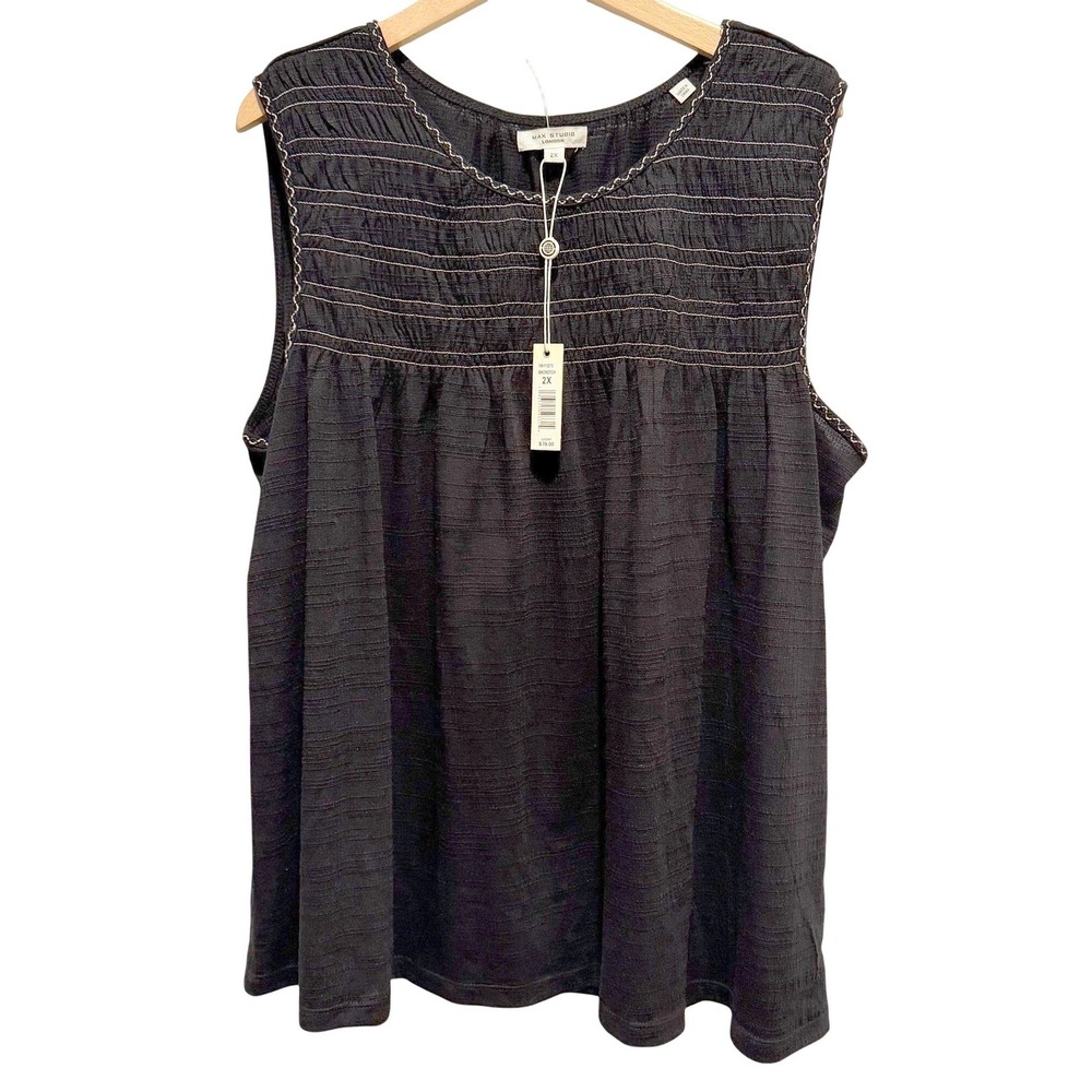 Max Studio London Smocked Yoke Womens 2X Black Sleeveless Blouse Boho Top NWT